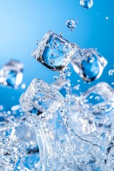 Obraz premium Ice cubes splashing into cool, refreshing water, creating a dynamic and thirst quenching visual