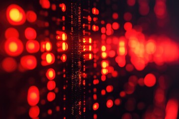 Close-up of a digital display showing red code, with a blurred background featuring binary numbers and a light bokeh effect