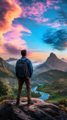 Fototapeta premium Hiker on Mountaintop at Sunrise Panoramic View of Lush Valley and Winding River