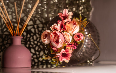 Still Life Decorative Vase of Artificial Pink Flowers
