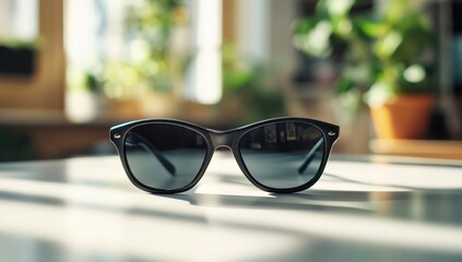 Black sunglasses on a white table, close-up, front view, minimalist style, sunlight shining through the glasses,