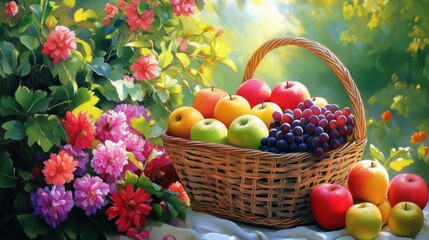 Garden fruit basket harvest sunlit flowers