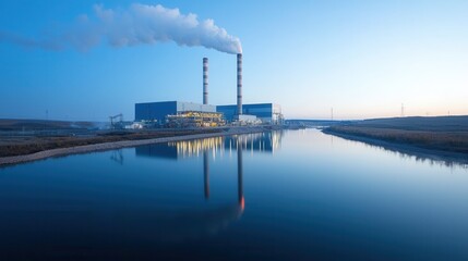 Towering industrial fuel processing plant with tall chimneys emitting smoke reflected in the calm waters of a serene lake against a picturesque landscape and blue sky