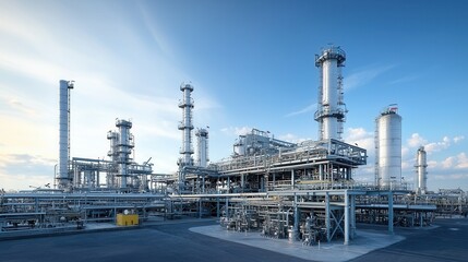 Obraz premium High tech gas refinery facility with a complex network of interconnected pipelines storage tanks and other industrial and equipment set against a backdrop of a vast outdoor landscape