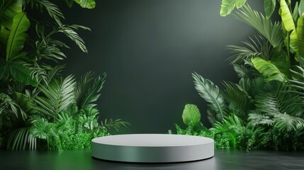 A minimalist stage surrounded by lush green foliage, perfect for presentations or product displays in a natural setting.