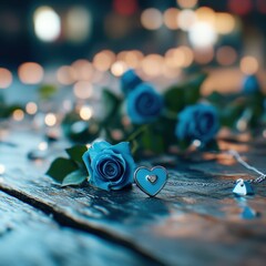 A serene arrangement of blue roses and a heart pendant, illuminated by soft lights, creating a romantic atmosphere.