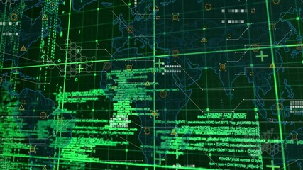 Digital world map with green coding and data processing overlay animation