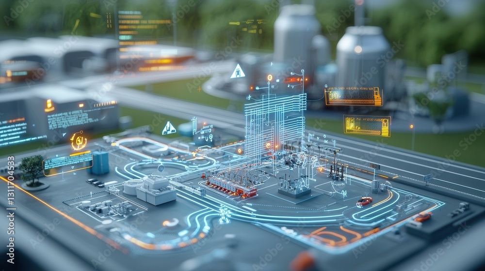 Poster futuristic visualization depicting a highly advanced interconnected power grid system featuring real