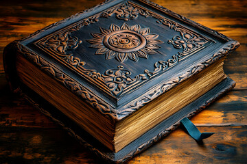 Ornate Vintage Leather Book On Wooden Table