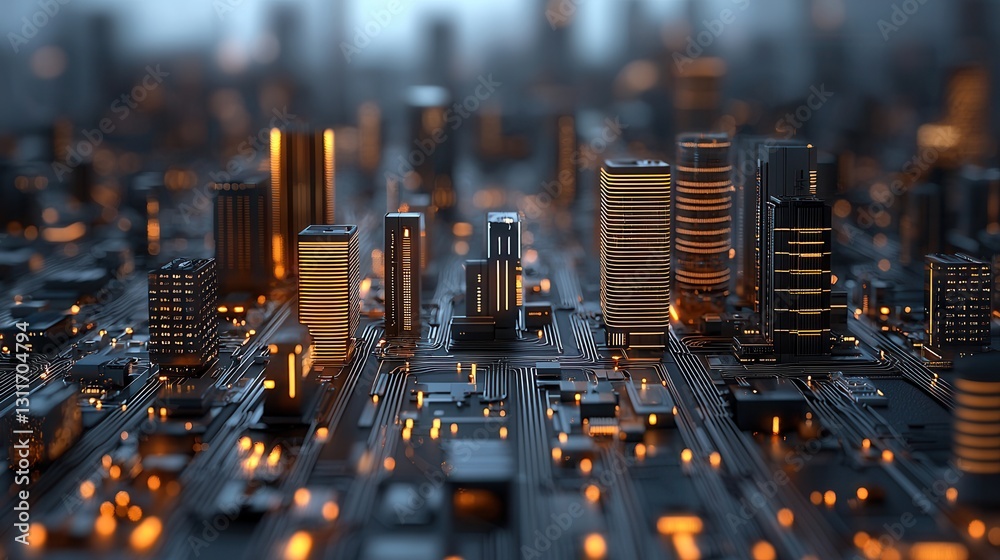 Poster hyper detailed and complex futuristic urban landscape featuring a centralized smart grid system with