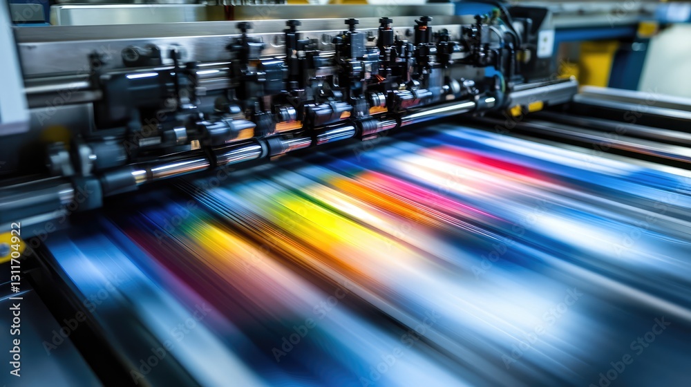 Poster printing press machine in operation, with blurred motion effect emphasizing speed and efficiency.
