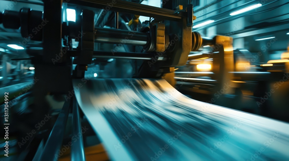 Poster printing press machine in operation, with blurred motion effect emphasizing speed and efficiency.