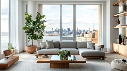 Fototapeta premium Modern apartment living room with city view (1)