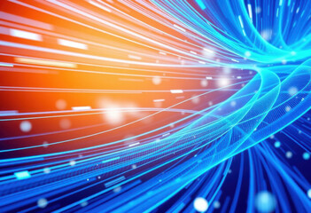 Líneas azules curvas dinámicas con un toque de calidez que muestran velocidad de datos, innovación y tecnología futurista
