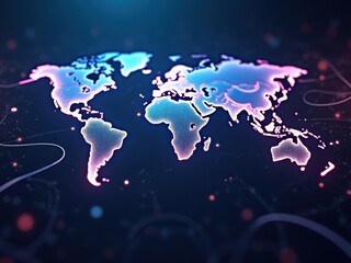 Mapa mundial digital con líneas de conectividad de neón, concepto de red futurista, flujo de datos dinámico y nodos brillantes
