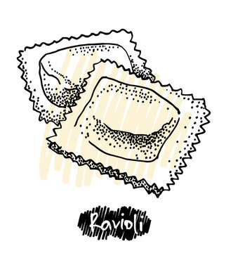 Hand drawn illustration of ravioli. Pasta templates collection for menu design, flyers and brochures. Engraving style hand drawn sketch, vector illustration.