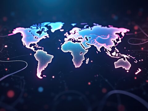Mapa mundial digital con l&iacute;neas de conectividad de ne&oacute;n, concepto de red futurista, flujo de datos din&aacute;mico y nodos brillantes

