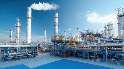 Obraz premium High Pressure Steam Industrial Fuel Refinery Facility with Complex Pipelines Towers and Storage Tanks for Energy Production and Distribution