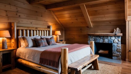 Rustic bedroom with natural wood elements dominating. The walls, floor, and ceiling are made of wood, creating a warm and cozy atmosphere.