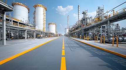 Obraz premium Aerial view of a large industrial fuel refinery complex with towering white storage tanks extensive pipeline networks and other industrial equipment and facilities