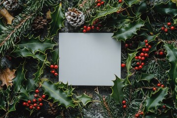 Blank card with holly and berries background