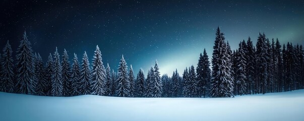 Fototapeta premium Aurora borealis northern lights idea. A tranquil winter landscape with snow-covered trees under a starry night sky.