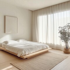 Serene Monochrome Japandi Style Bedroom Setup