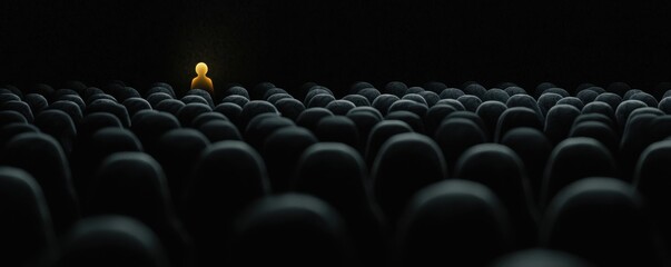 Obraz premium A solitary yellow figure stands out against a sea of dark, faceless shapes, evoking feelings of isolation and individuality in a stark environment.