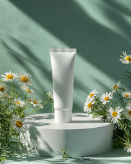 A minimalist white cosmetic tube displayed on a pedestal surrounded by daisies against a soft green background