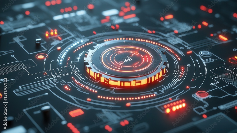 Poster futuristic and innovative intelligent energy management system featuring a circular data visualizati