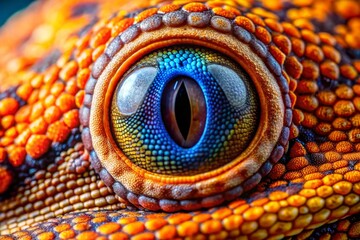 Obraz premium Vibrant Gecko Eye Close-up: Stunning Orange, Blue & Black Reptile Detail Drone Photography