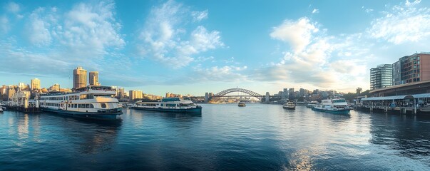 Waterfront city with ferries and bridges