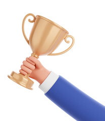 Cartoon businessman character hand holding victory prize cup trophy isolated over transparent background. 3d render illustration.