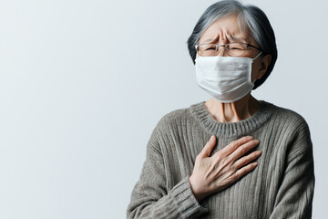 World Tuberculosis Day, Elderly Asian Woman in Face Mask Experiencing Chest Pain Healthcare