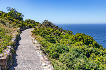 The rocky shore with walking paths overlooking the Indian Ocean in Tsitsikamma, Garden Route National Park, Eastern Cape. South Africa .
