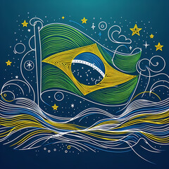 Continuous one-line drawing of the Brazil flag waving, abstract curves forming the globe and stars.