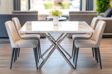 A modern dining table with six elegant chairs, adorned with a small vase of flowers, set in a bright, stylish interior.
