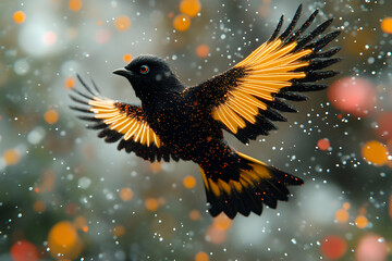 Fototapeta premium Flying Bird With Gold Wings And Bokeh Background