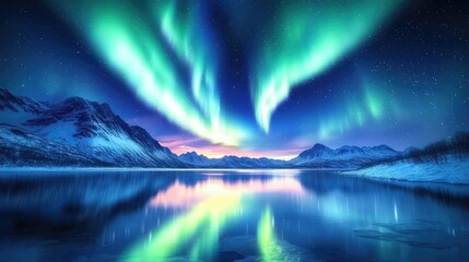 Aurora borealis northern lights idea. Stunning aurora borealis illuminates a tranquil lake amidst snow-capped mountains.