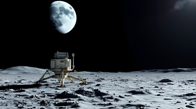 lunar lander on moon surface with Earth in background, showcasing vastness