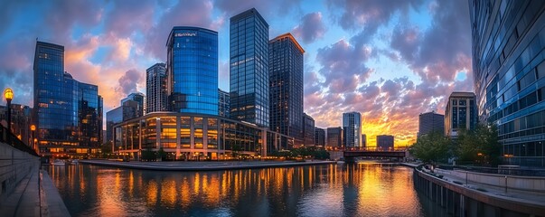 Downtown business district with glass buildings