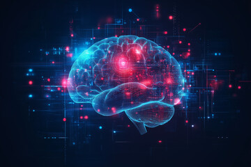 Obraz premium Holographic 3D model of human brain with glowing connections and advanced medical data analysis