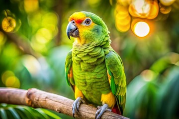 Vibrant Green & Yellow Parrot Bird Perched on Branch, Rule of Thirds Composition
