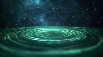 Obraz premium A swirling, teal nebula with concentric circles of light emanates from a central point, set against a backdrop of a dark, star-studded night sky.
