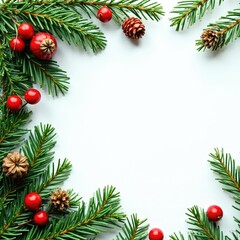 evergreen branches with red berries and pinecones, seasonal motifs, winter foliage