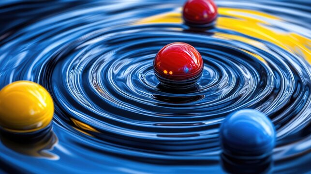 Spinning planetary model with orbiting spheres, abstract cosmic motion.