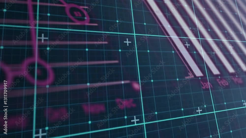 Poster displaying animation of data charts and months on futuristic digital grid