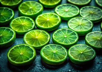 Vibrant Green Lime Slices Long Exposure Dark Background Stock Photo