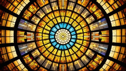 Vibrant stained glass window with geometric pattern and colorful light reflection. Great for decorative art, artistic design, and modern architecture visuals.