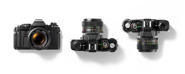 Top view of 35mm film camera, analog vintage classic retro style, isolated on a transparent...
